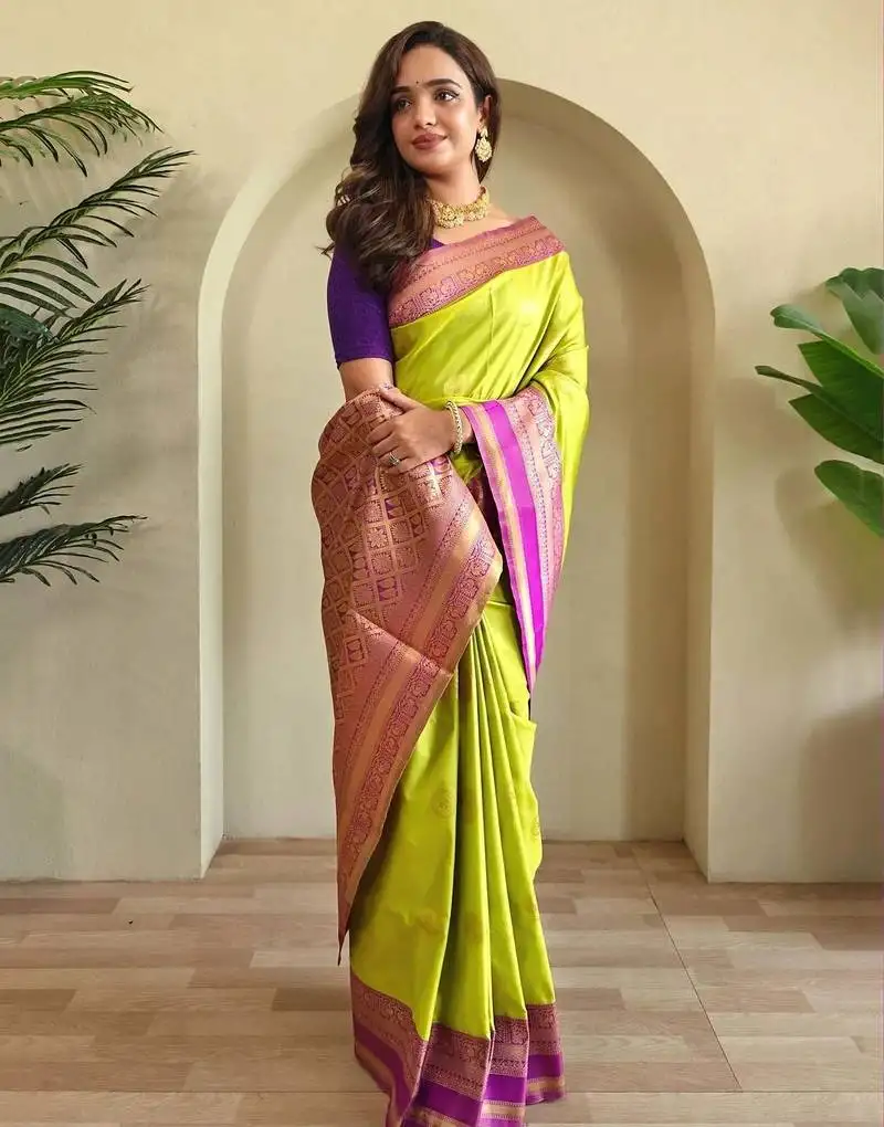 Lime green zari weaving silk blend saree with blouse