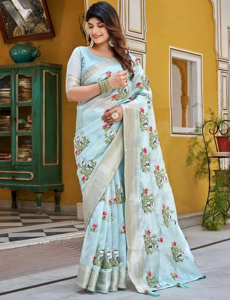 Blue thread embroidered silk blend saree with blouse