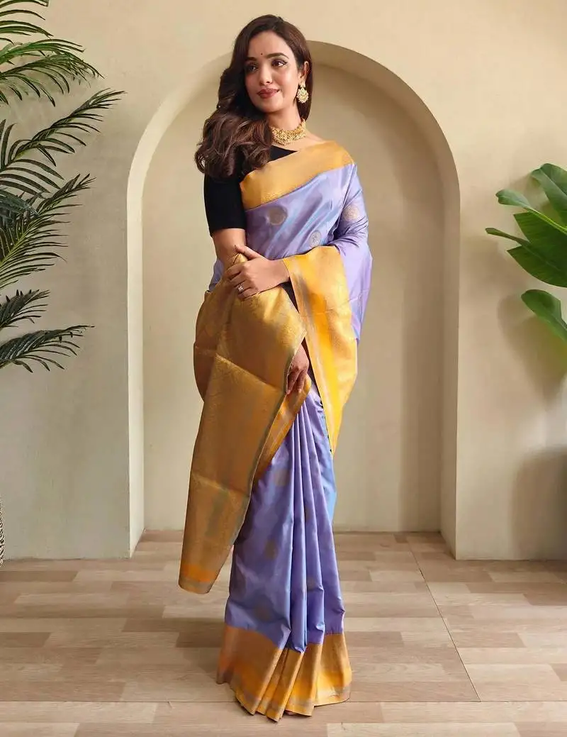 Lavender silk blend zari weaving saree with blouse