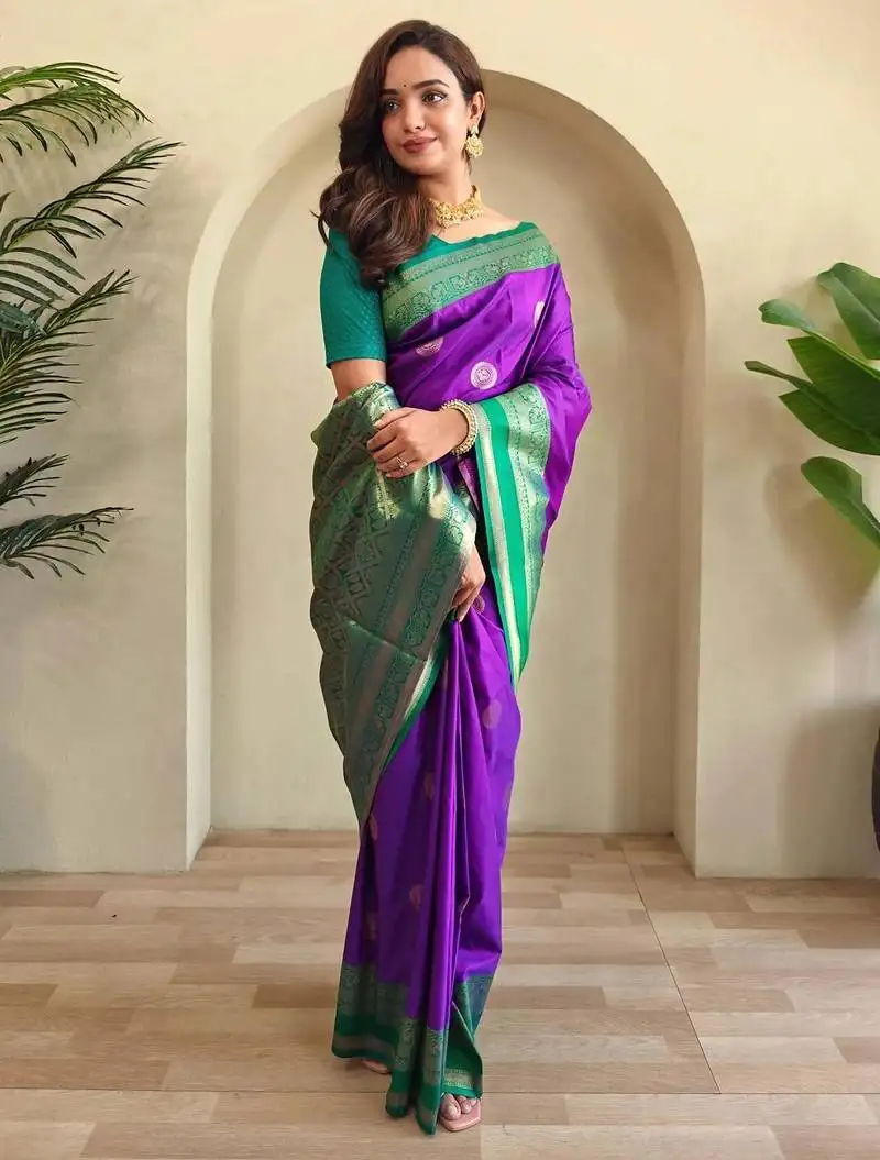Purple zari weaving silk blend saree with blouse