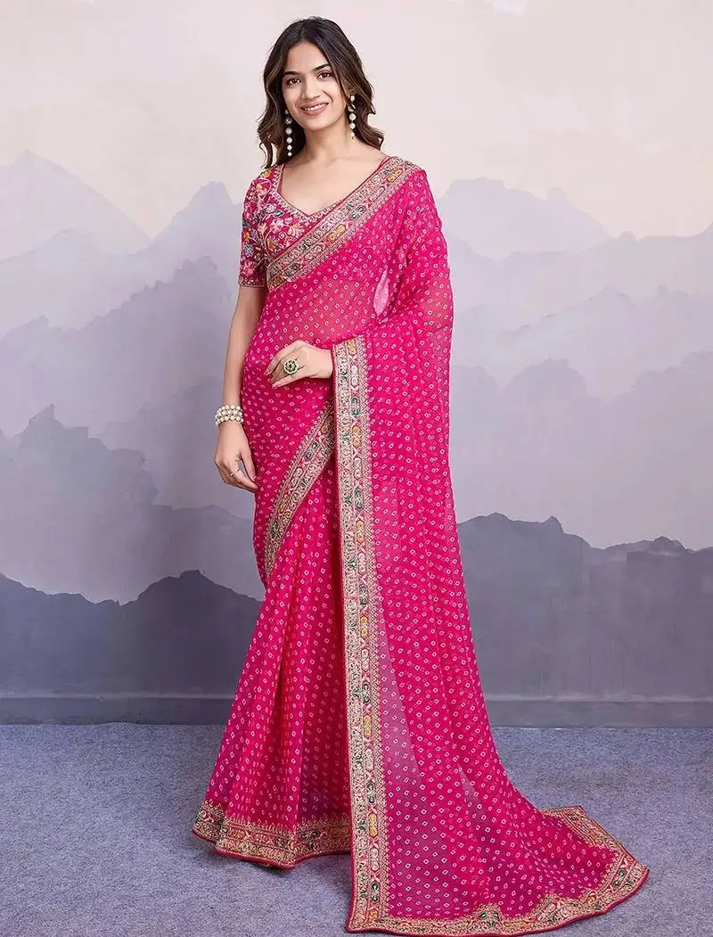 Pink georgette bandhani printed saree with blouse