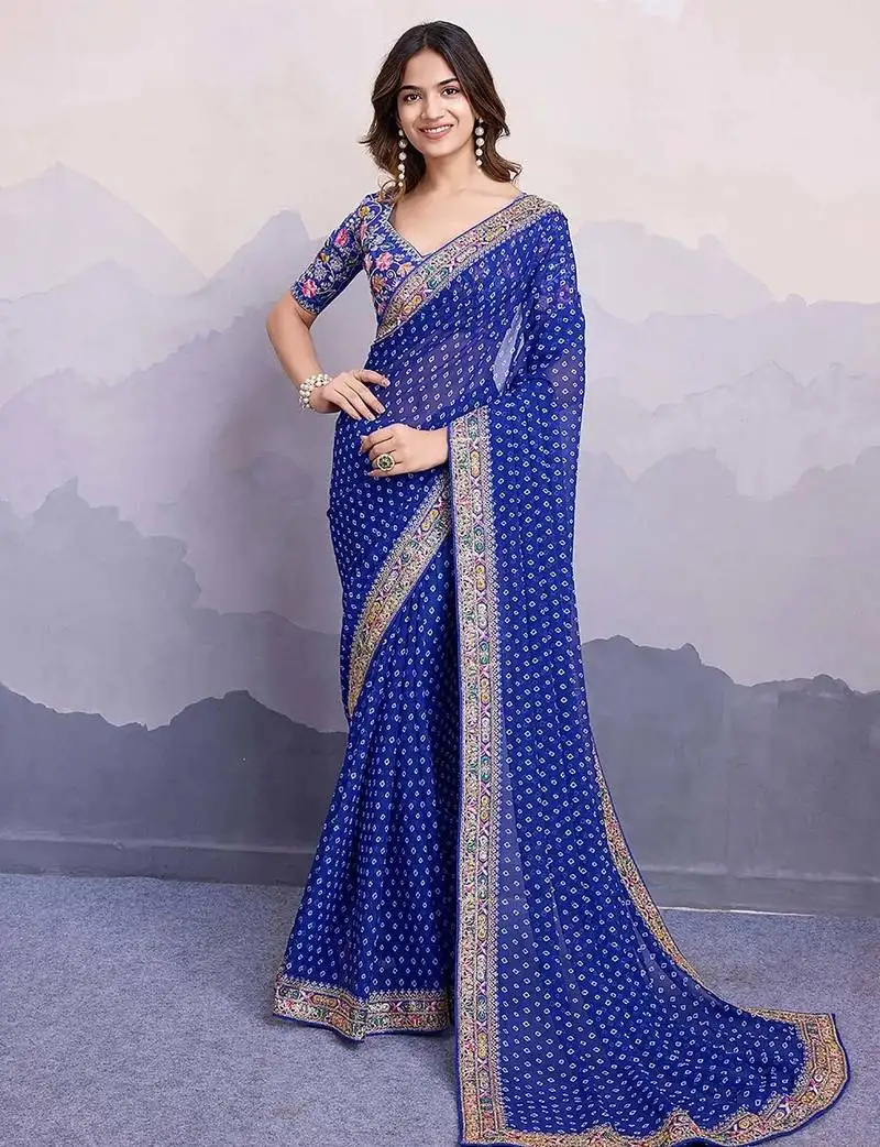 Royal blue bandhani print georgette saree with blouse