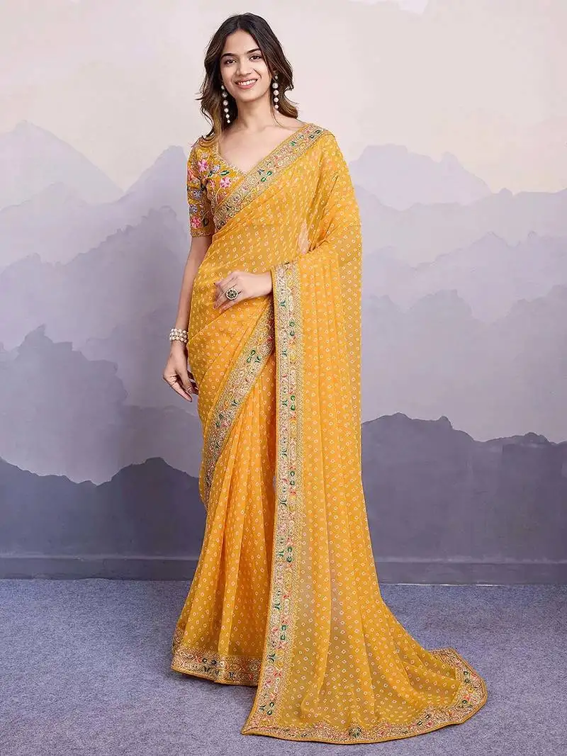 Yellow bandhani printed saree with blouse