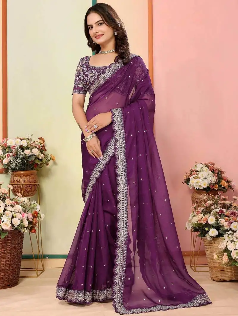 Wine organza zari embroidered saree with blouse