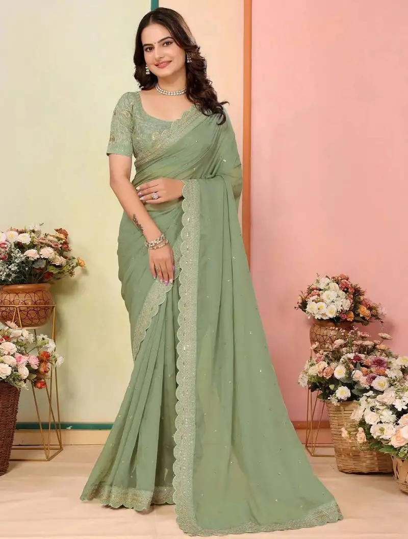 Pista green embroidered saree with blouse