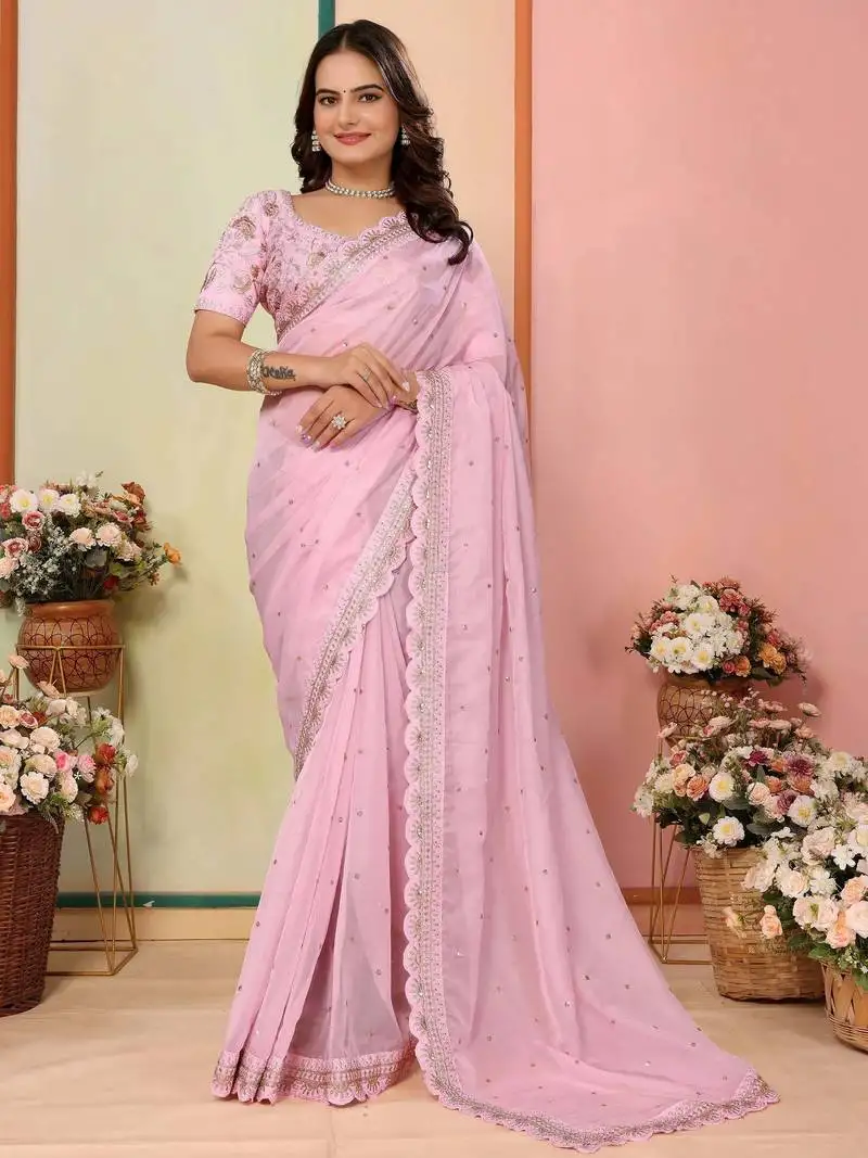 Baby pink organza sequins saree with blouse