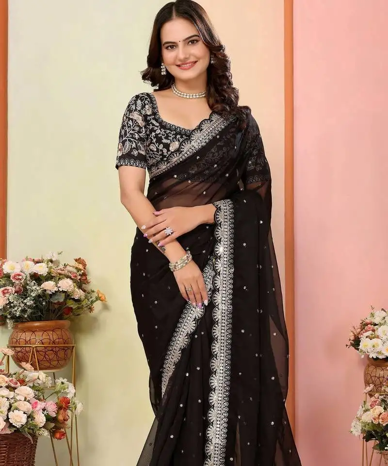 Black zari embroidered organza saree with blouse