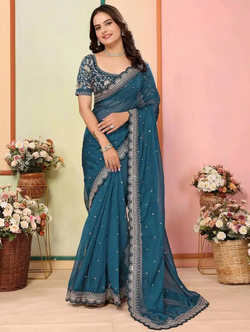 Blue organza zari embroidered saree with blouse
