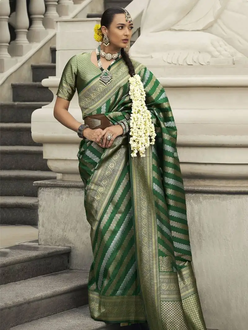 Green zari weaving silk blend saree with blouse