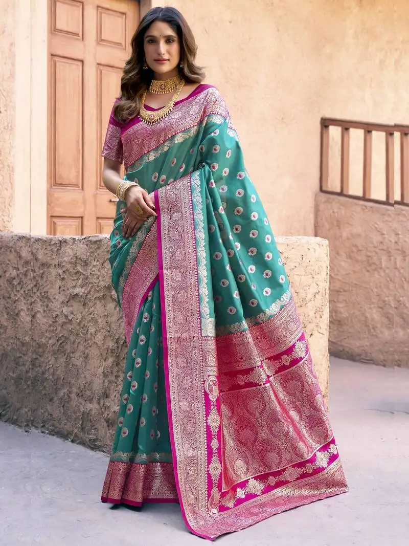 Teal green zari weaving silk blend saree with blouse