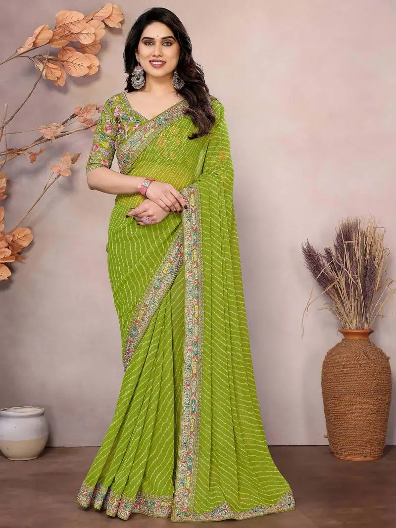 Parrot green georgette thread embroidered saree