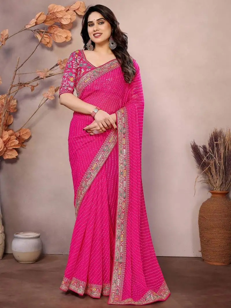 Rani pink sequins georgette saree with blouse