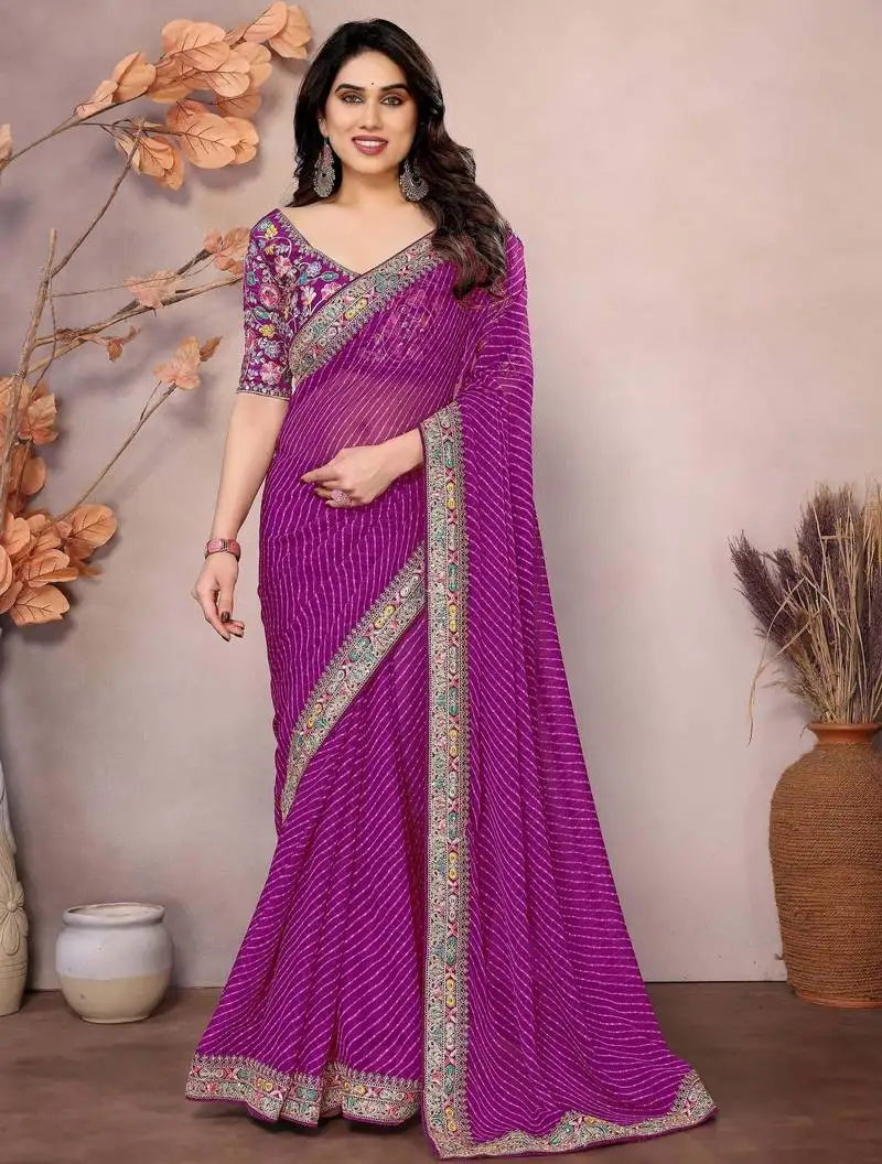 Purple zari embroidered georgette saree with blouse