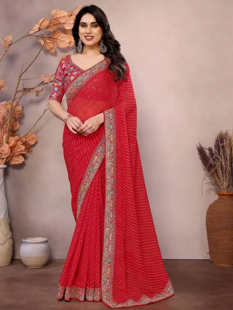 Red georgette zari embroidered saree with blouse