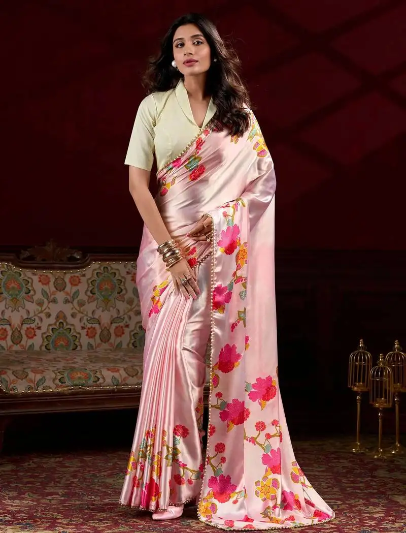 Peach satin floral printed saree with blouse