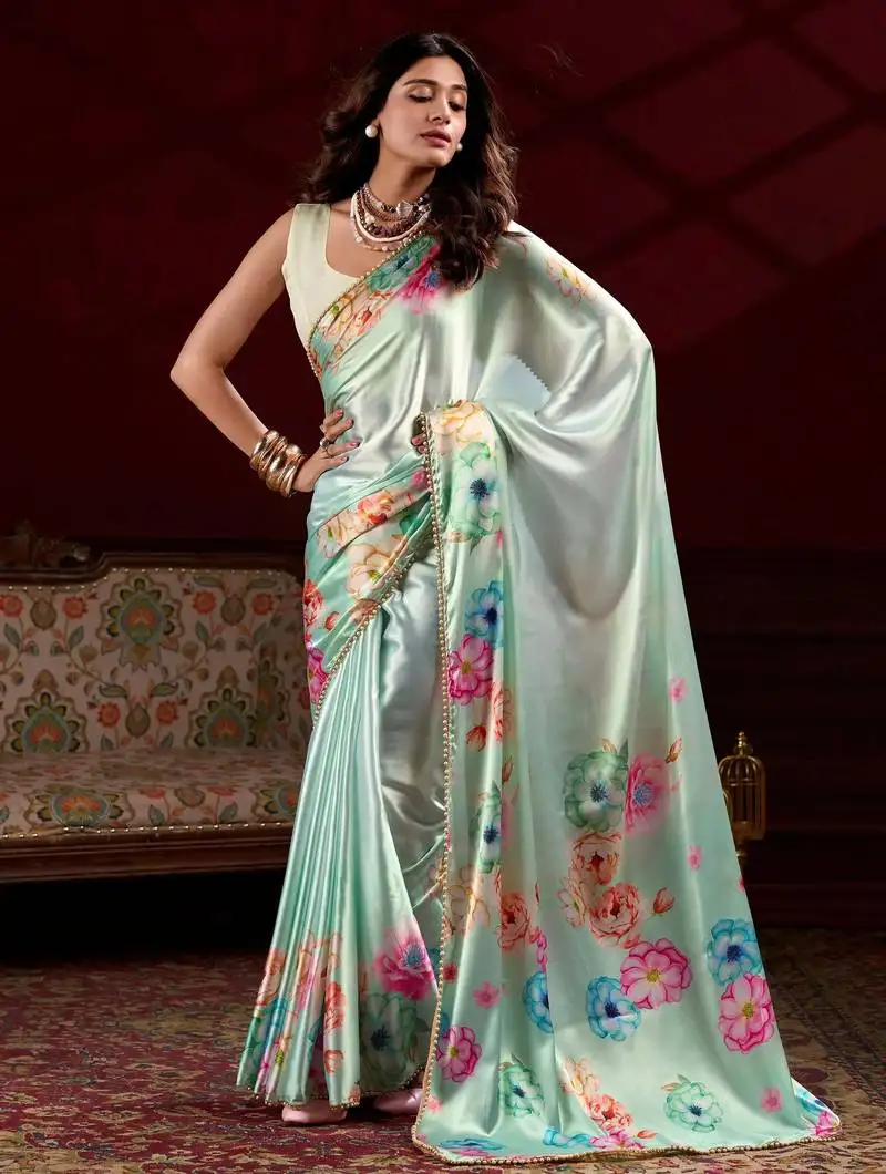 Pista green floral printed satin saree with blouse