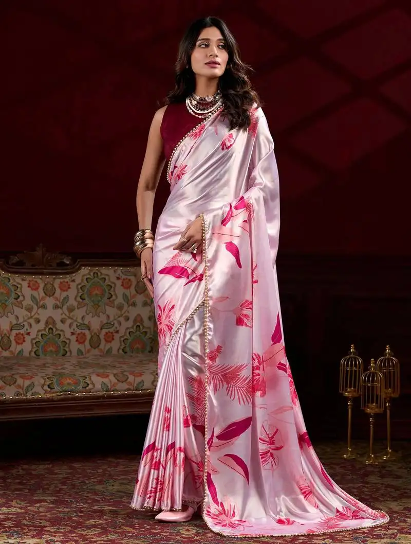 Light pink satin pearl work saree with blouse