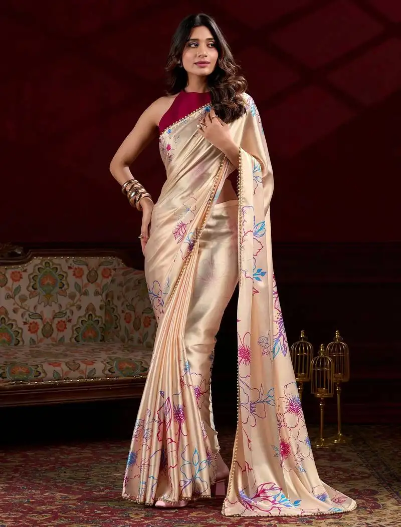 Cream satin floral printed saree