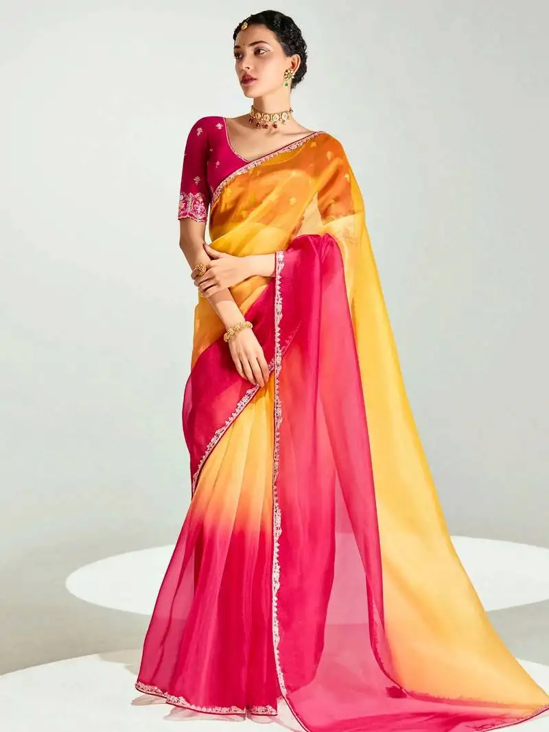 Mustard yellow ombre organza border saree with blouse