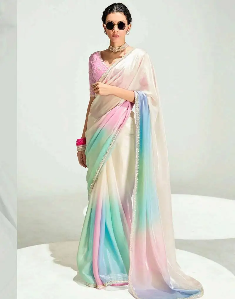 Multi-color organza border work saree with blouse