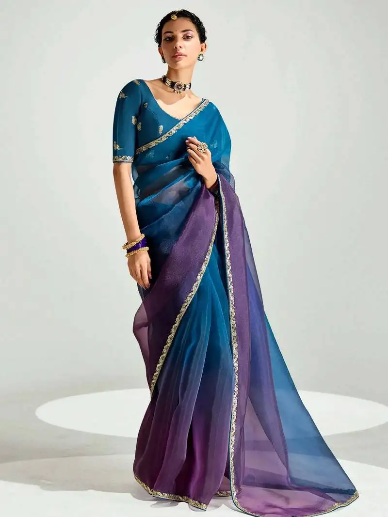 Deep blue organza border work saree