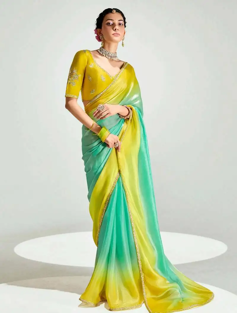 Green organza border work saree with blouse