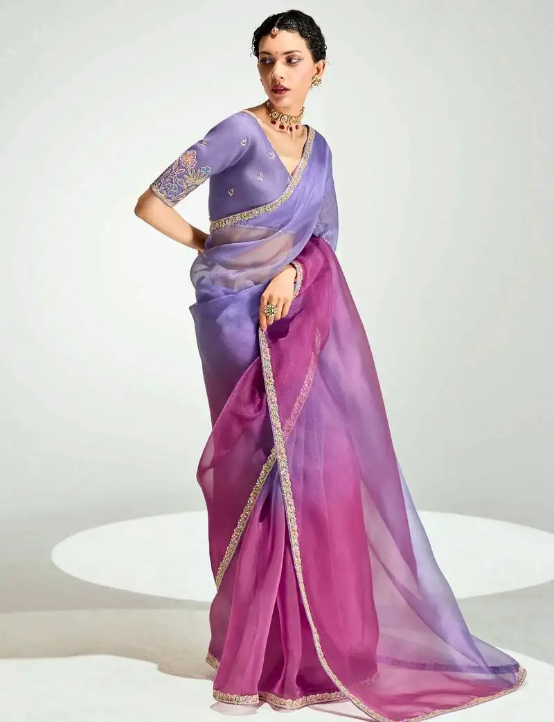 Lilac organza border work saree with blouse