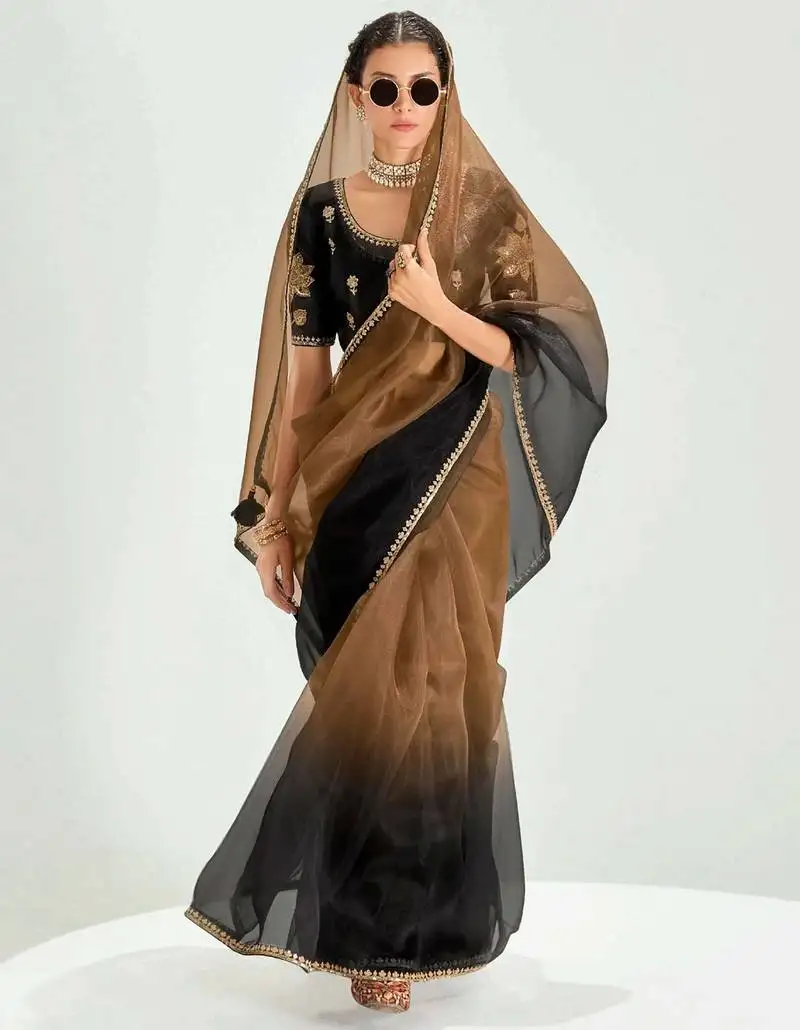 Brown border work organza saree with blouse