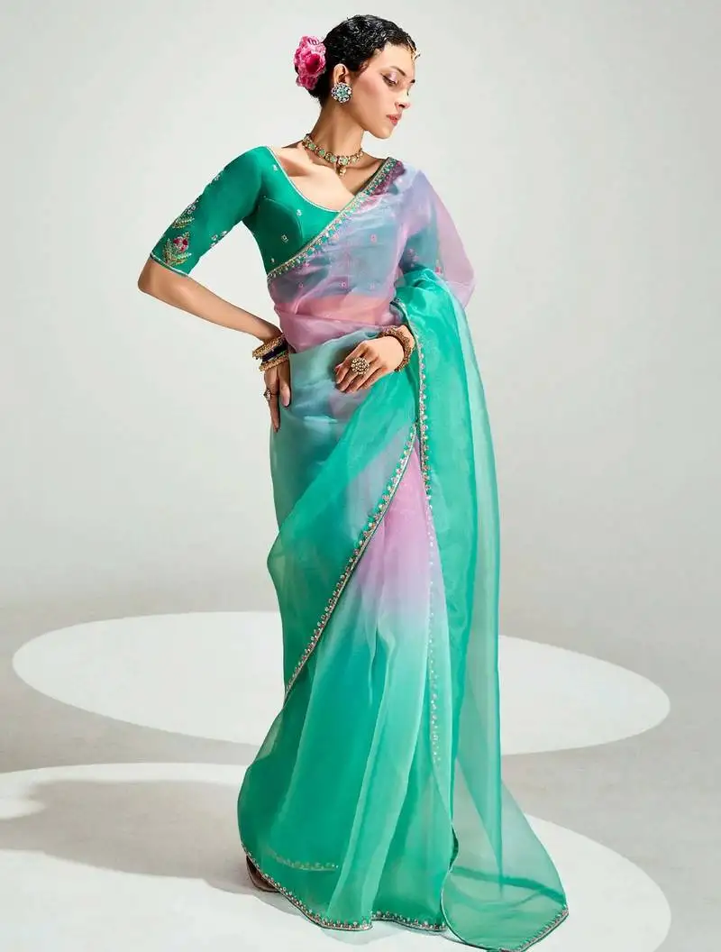 Teal border work organza saree with blouse