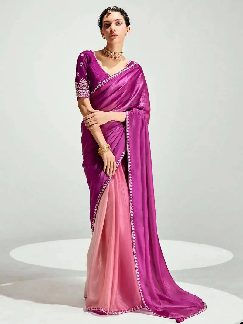 Dark pink border work organza saree with blouse