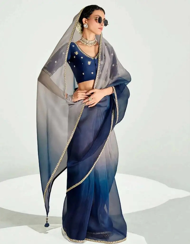 Navy blue organza border work saree with blouse