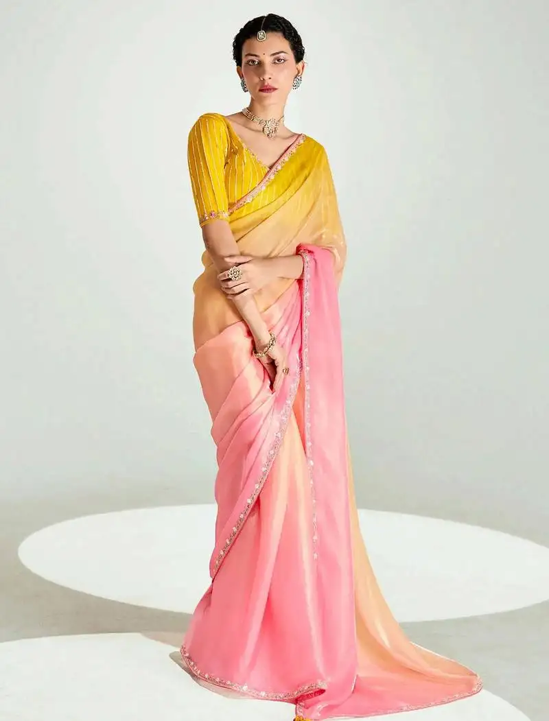 Peach organza border work saree with blouse
