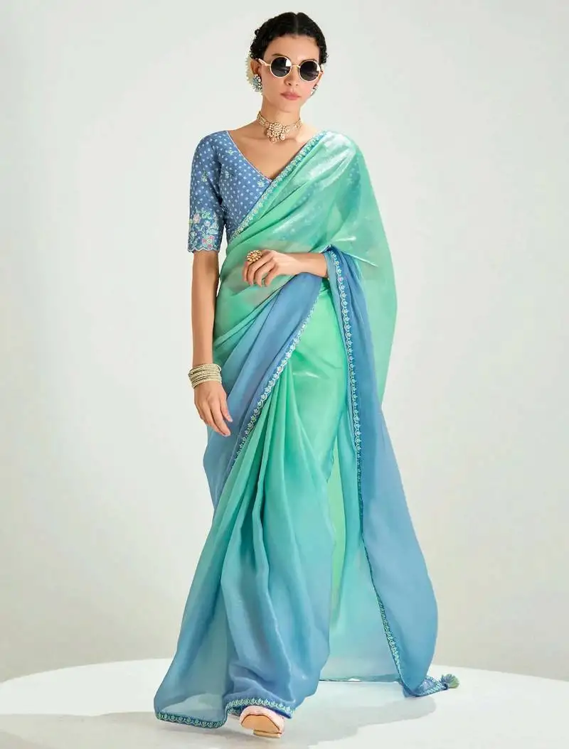 Sea green organza border work saree with blouse