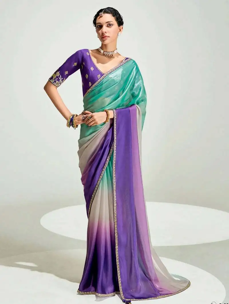 Purple border work organza saree with blouse