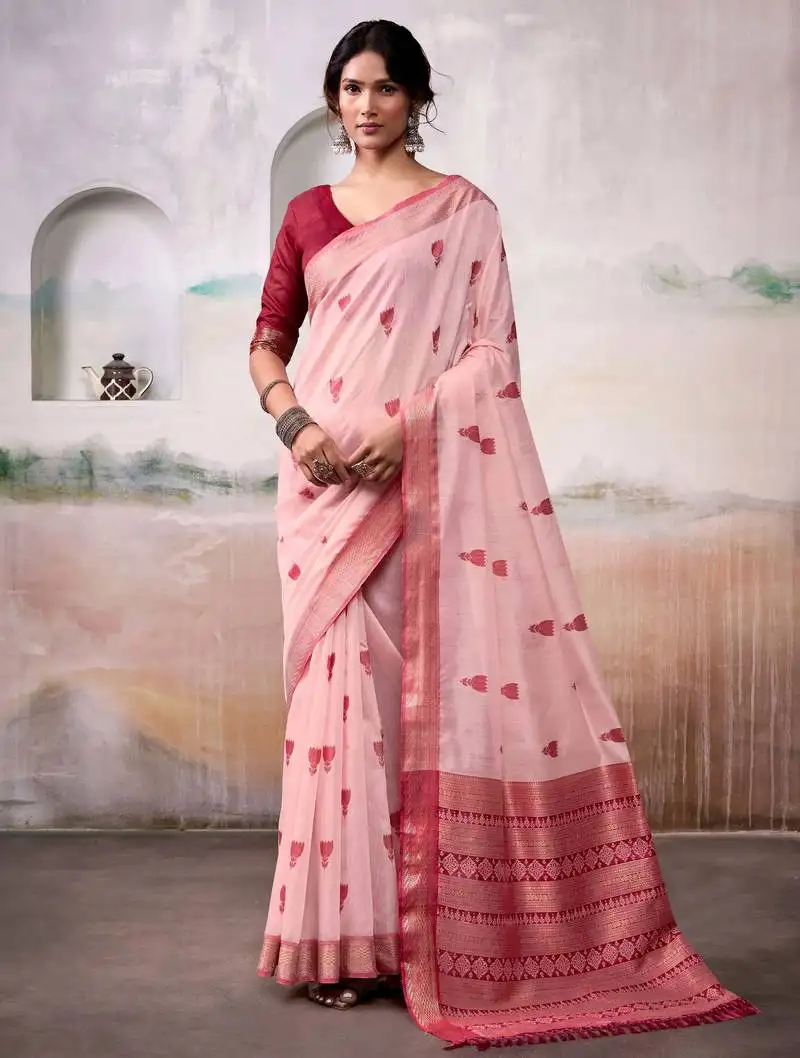 Peach cotton floral weaving saree with blouse