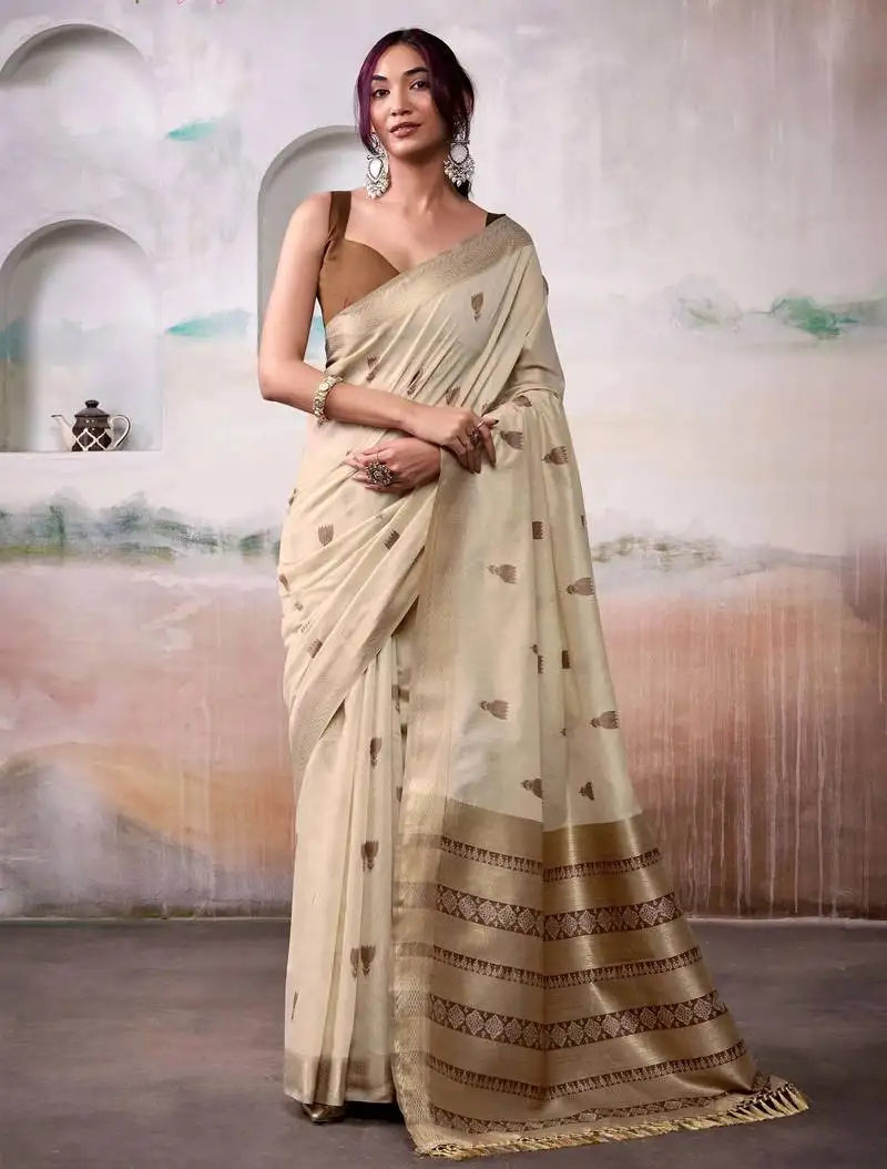 Cream floral weaving cotton saree with blouse