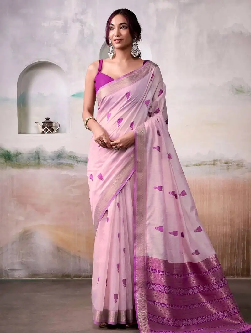 Pink cotton weaving saree with blouse