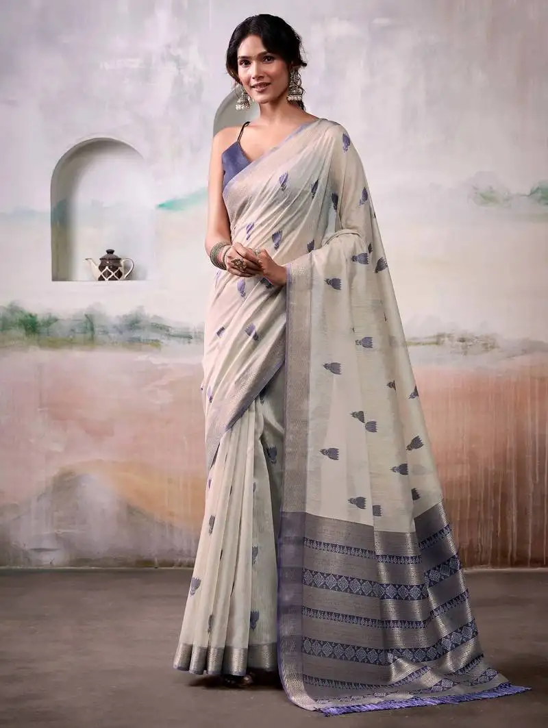 Off white weaving cotton saree with blouse