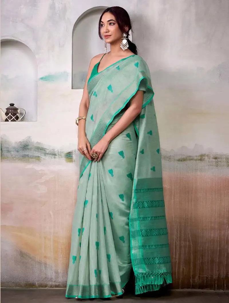 Green cotton weaving saree with blouse