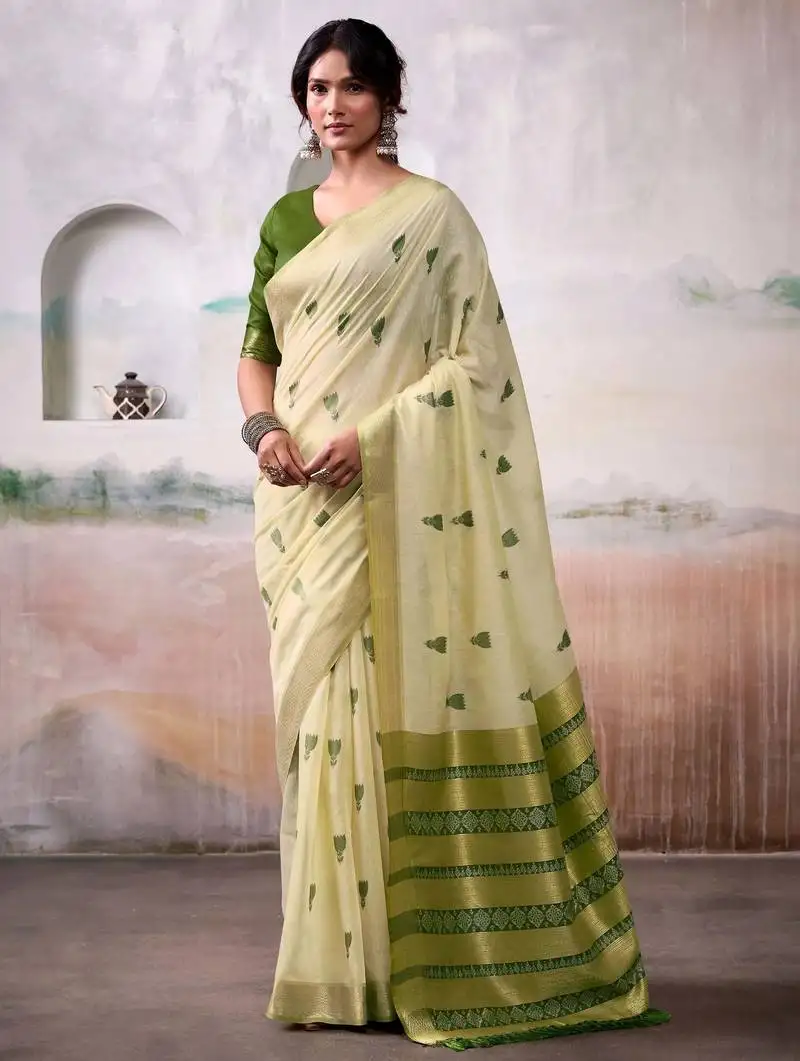 Cream weaving cotton saree with blouse