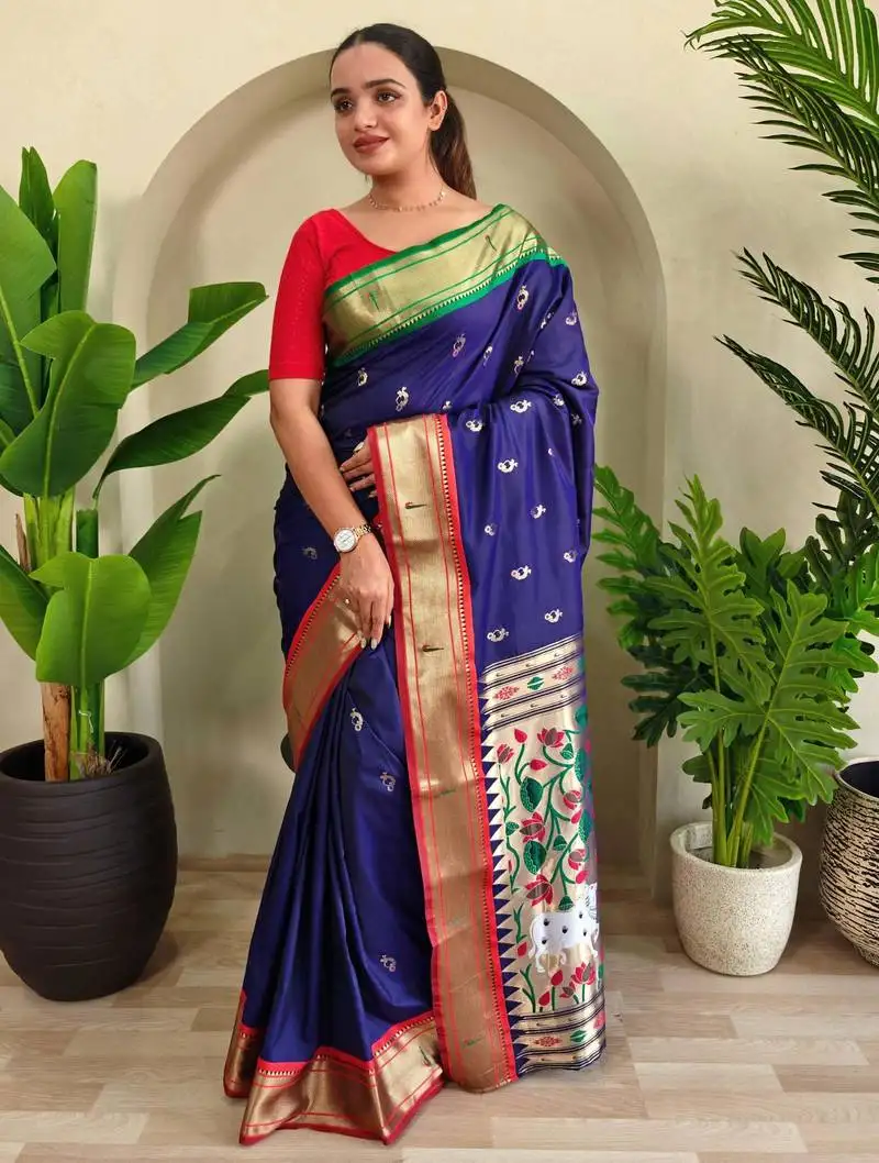 Blue paithani silk blend floral weaving saree with blouse