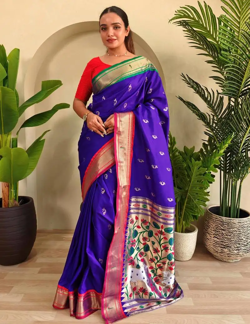 Purple floral weaving paithani silk blend saree with blouse
