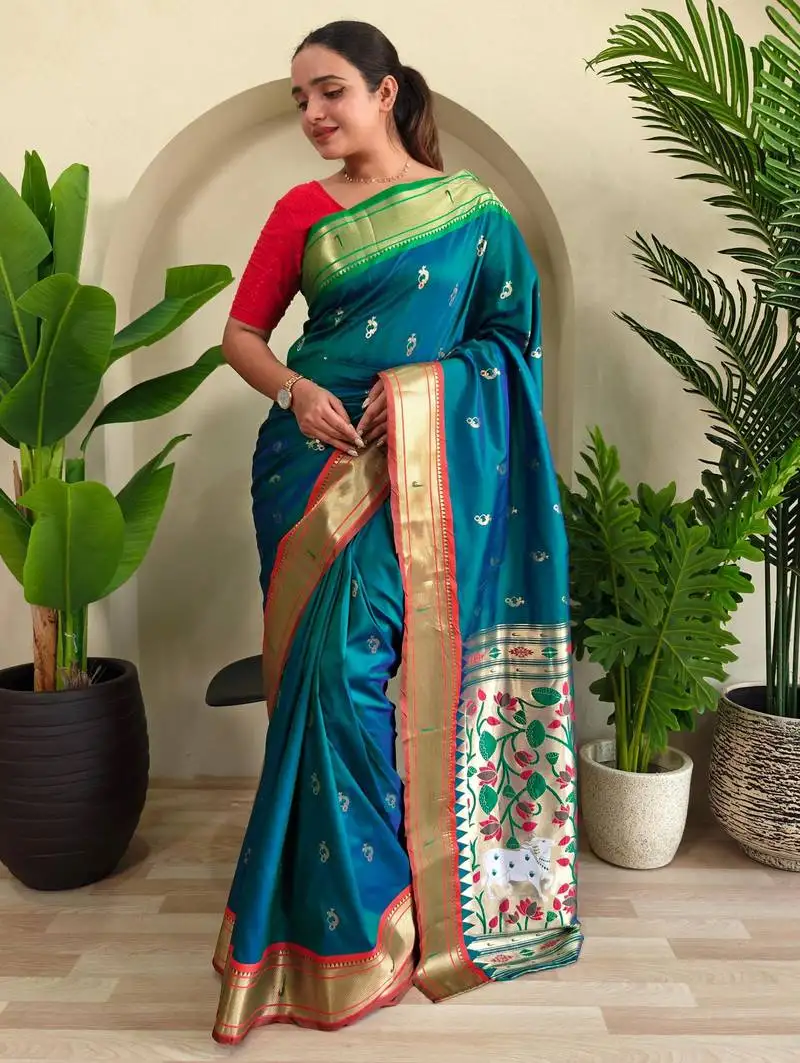 Green pichwai weaving silk blend saree with blouse