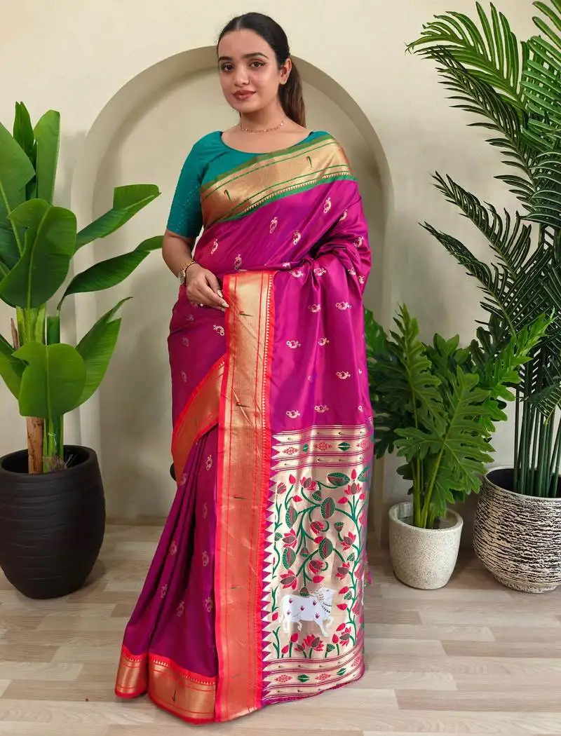 Hot pink paithani silk blend saree with blouse