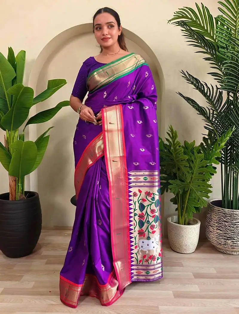 Dark purple silk blend paithani weaving saree with blouse