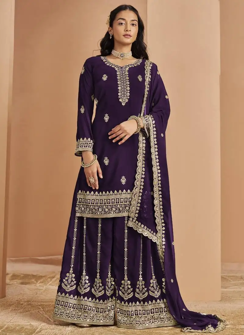 Violet faux georgette embroidered palazzo suit semi stitched