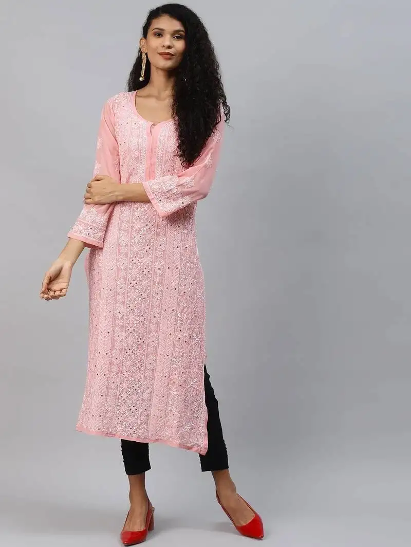Hand embroidered peach georgette lucknowi chikankari straight kurta and slip with muqaish work