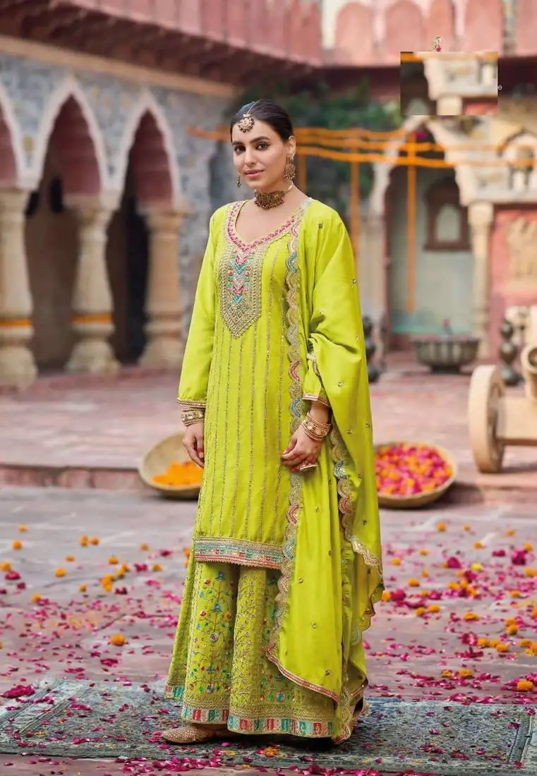 Parrot green free size full stitched upto 42 palazzo wedding suits