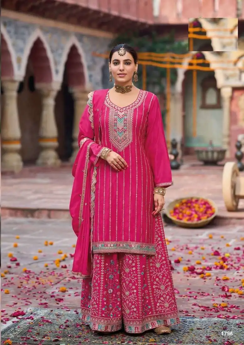 Dark pink free size full stitched upto 42 palazzo wedding suits