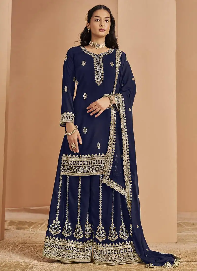 Navy blue faux georgette embroidered palazzo suit semi stitched